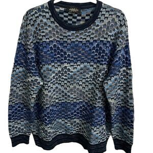 Montechiaro Sweater Mens XL Blue Geometric Print Pullover Crewneck Italy Vintage
